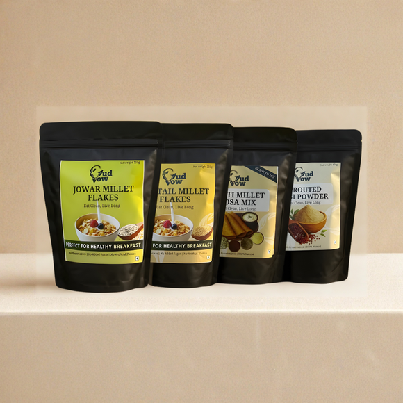 GudVow product range featuring Jowar Millet Flakes, Foxtail Millet Flakes, Multi Millet Dosa Mix, and Sprouted Ragi malt 