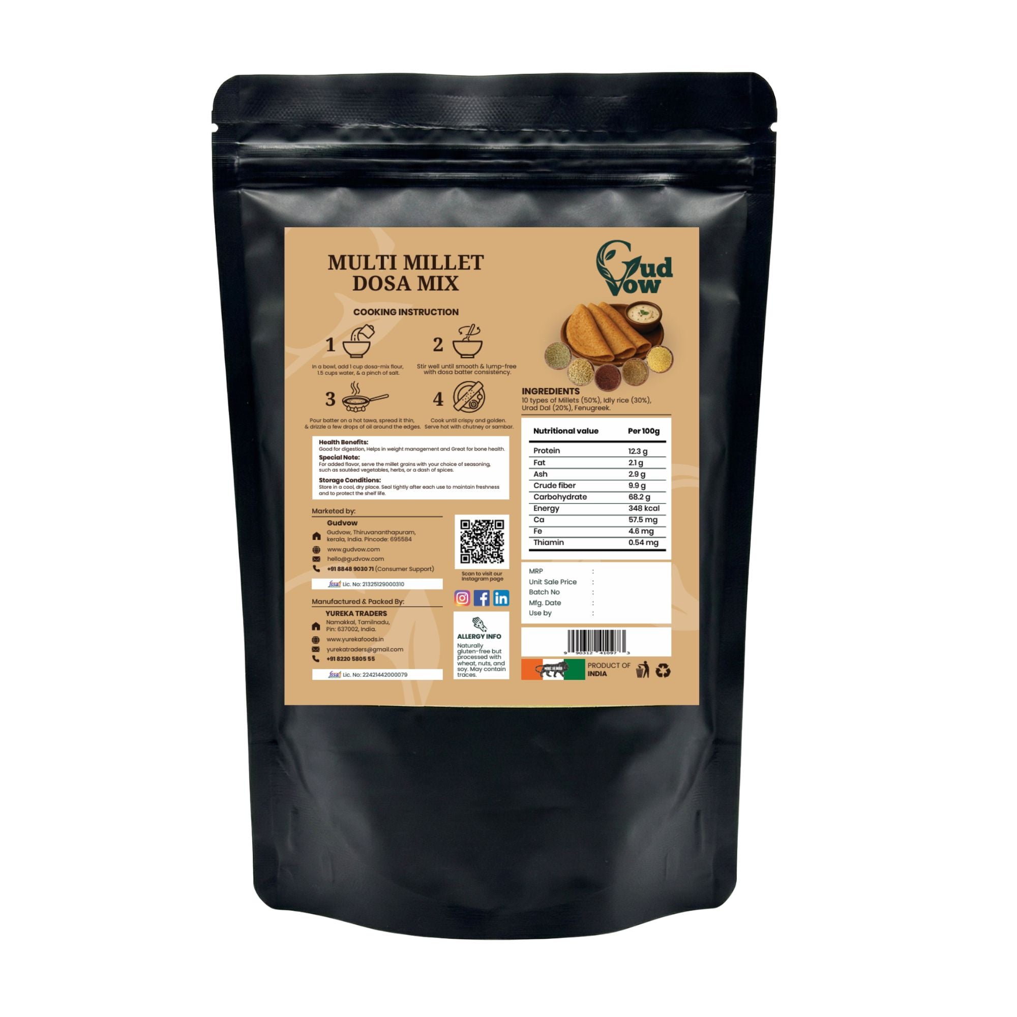 Back side of Gudvow Multi Millet Dosa Mix pack showing cooking instructions, ingredients and nutritional information.