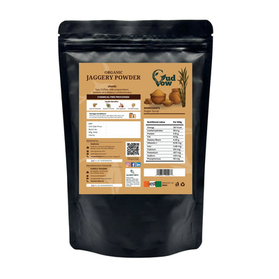 Back side of Gudvow Organic Jaggery Powder pouch with ingredients, usage and nutritional information.