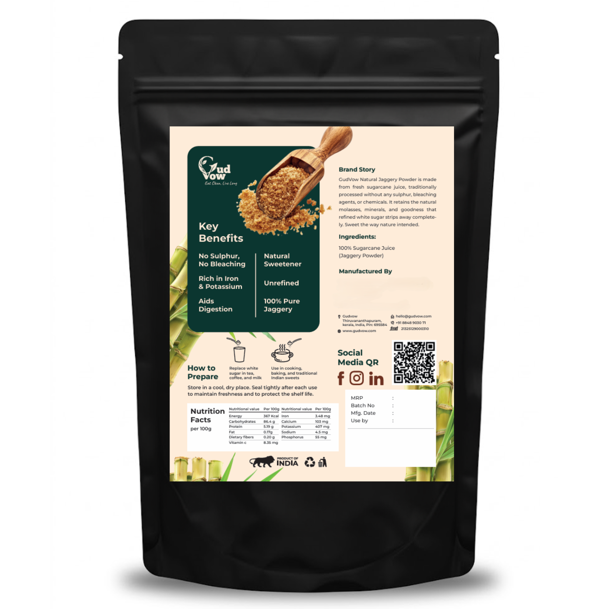 Back side of Gudvow Organic Jaggery Powder pouch with ingredients, usage and nutritional information.