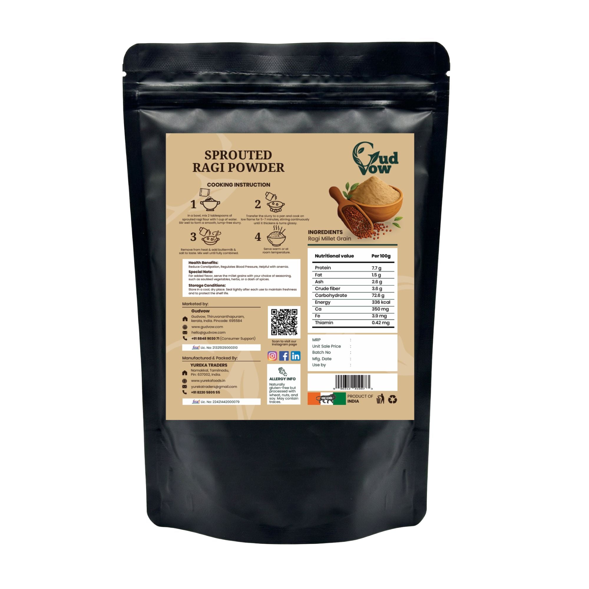 Back side of Gudvow Sprouted Ragi Powder pack showing cooking instructions, ingredients and nutritional information.