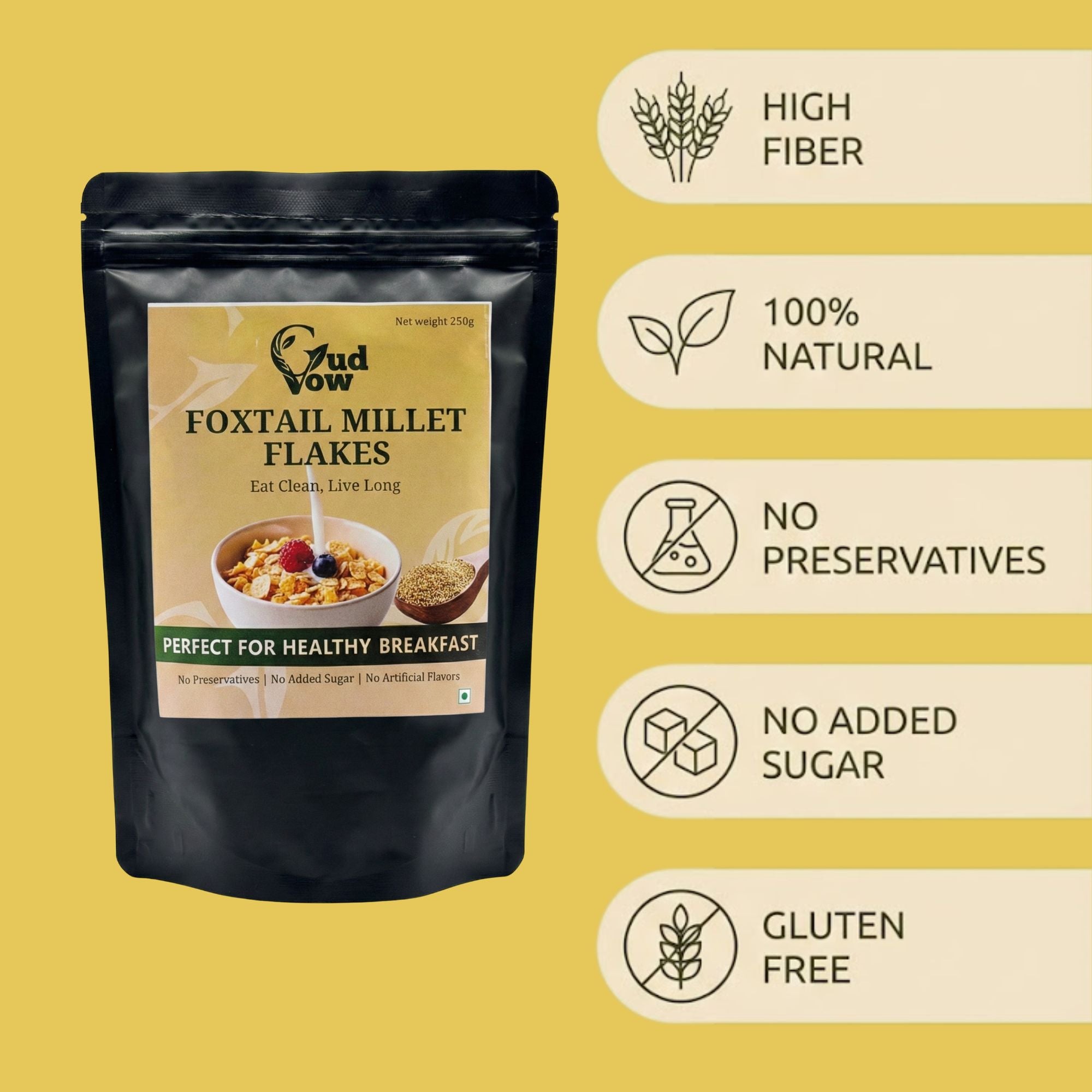 Benefits of Gudvow Foxtail Millet Flakes  high fiber, 100% natural, no preservatives, no added sugar, gluten-free
