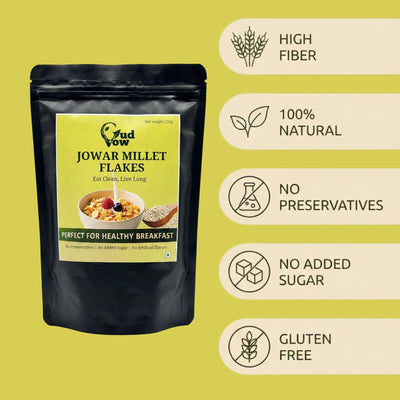 Benefits of Gudvow Jowar Millet Flakes. high fiber, 100% natural, no preservatives, no added sugar