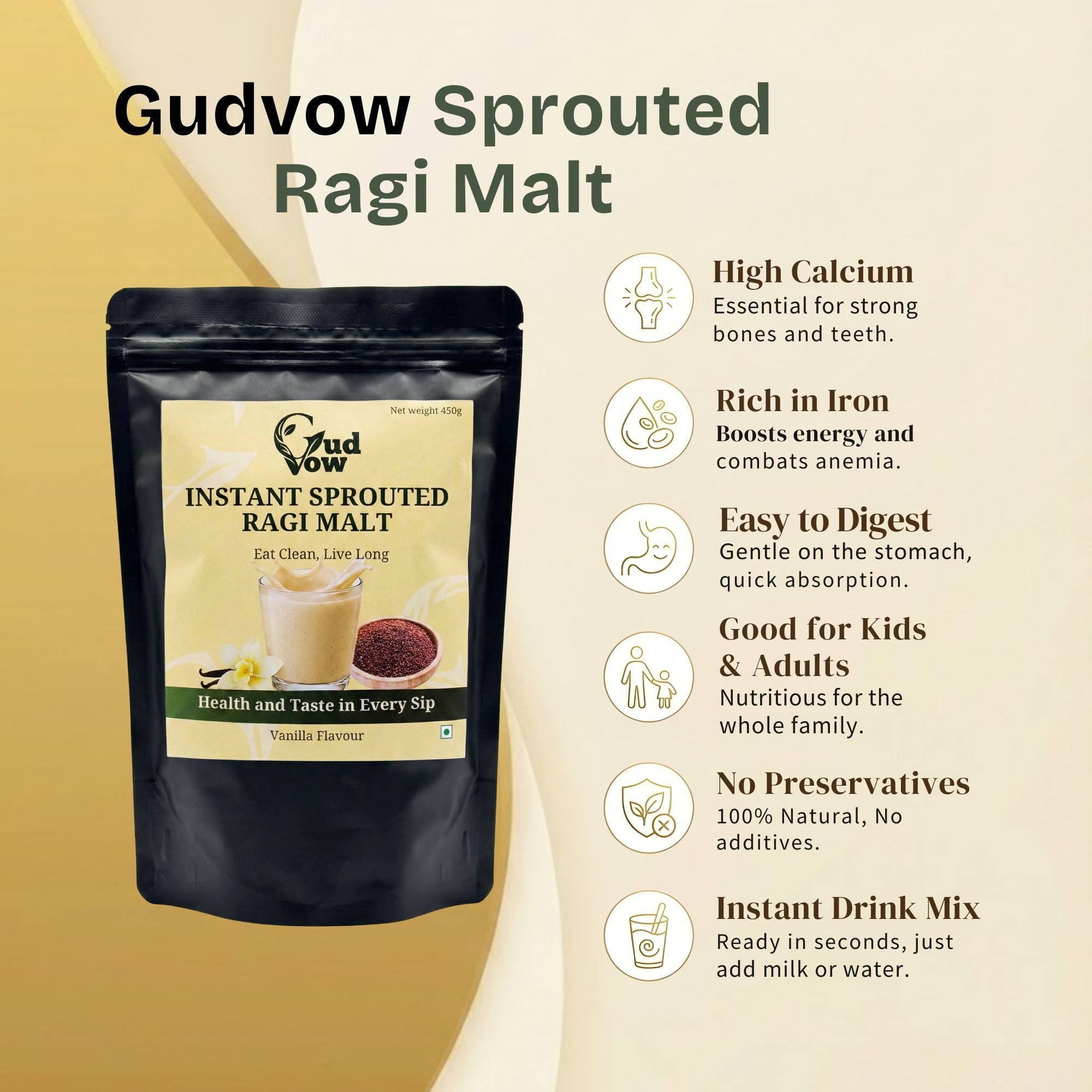 Benefits of Gudvow Sprouted Ragi Malt – high calcium, rich iron, easy to digest, no preservatives.
