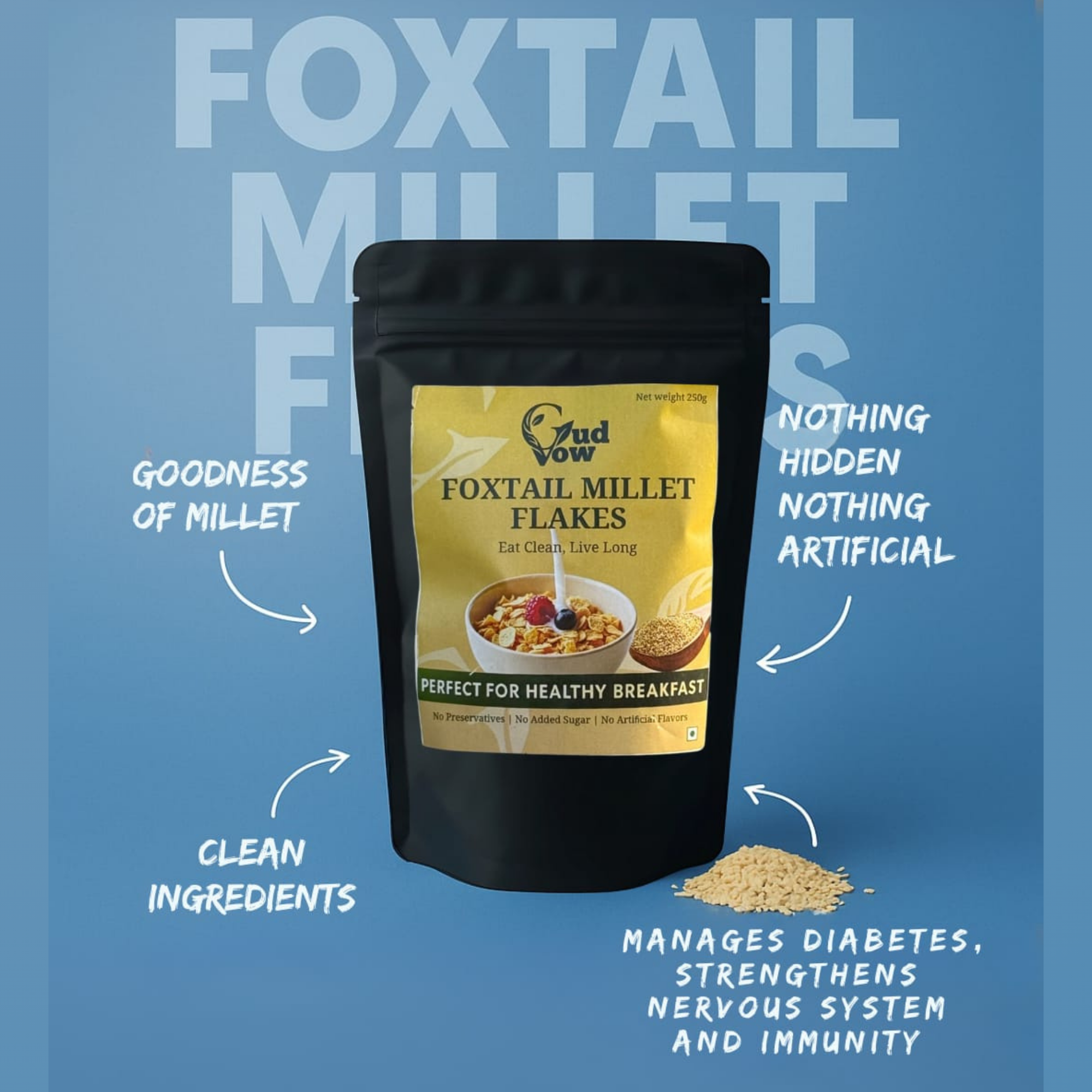 GudVow Foxtail Millet Flakes – 100% natural, preservative-free, gluten-free breakfast cereal, 250g pack