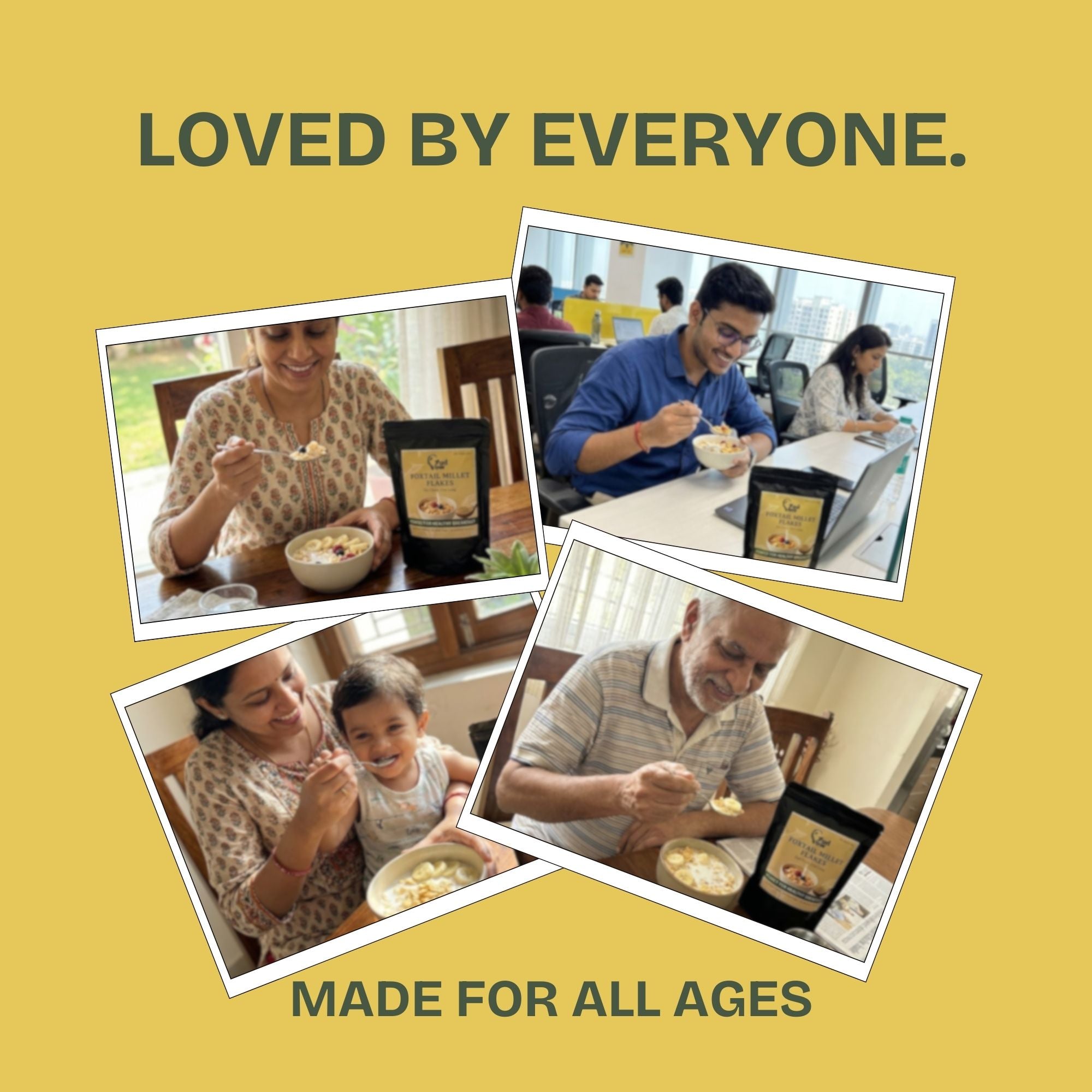 Families and people of all ages enjoying Gudvow Foxtail Millet Flakes for a healthy breakfast.