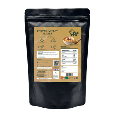 Gudvow Foxtail Millet Flakes backside with nutritional facts, cooking instructions, and ingredients