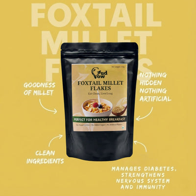Gudvow Foxtail Millet Flakes with clean ingredients, no artificial additives, and health benefits highlighted.