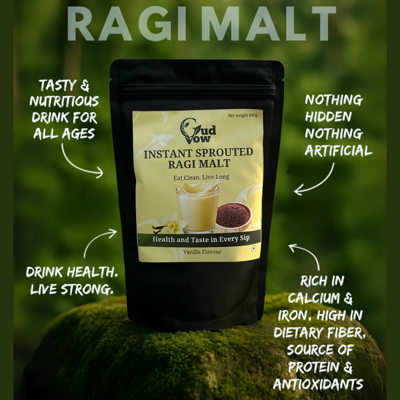 Gudvow Instant Sprouted Ragi Malt – 500g pack, healthy calcium-rich drink with jaggery and dry fruits