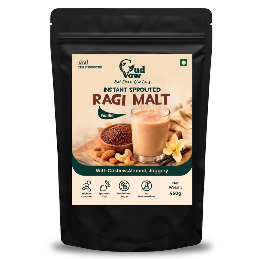 Gudvow Instant Sprouted Ragi Malt vanilla flavour healthy ragi drink mix front pouch.