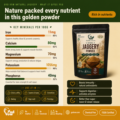 Jaggery powder packaging with nutritional information on a beige background