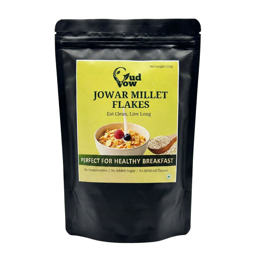 Jowar Millet Flakes pack. healthy breakfast millet flakes made from unpolished jowar.