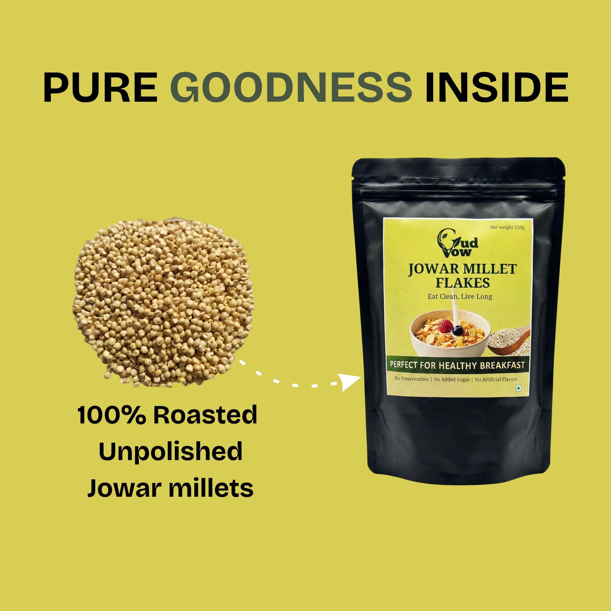 Jowar millet flakes package with roasted unpolished jowar millets.