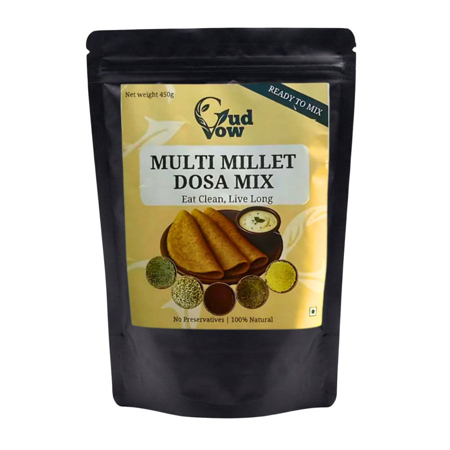 Gudvow Multi Millet Dosa Mix pouch on white background – healthy ready-to-mix millet dosa batter powder.
