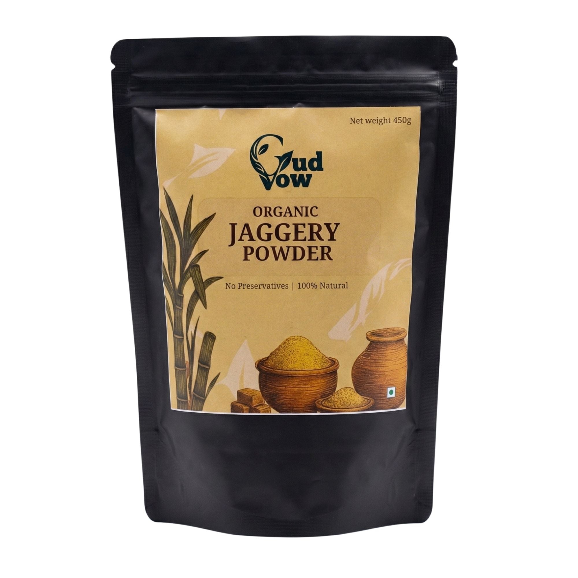 Gudvow Organic Jaggery Powder front pouch on white background – 100% natural unrefined jaggery.