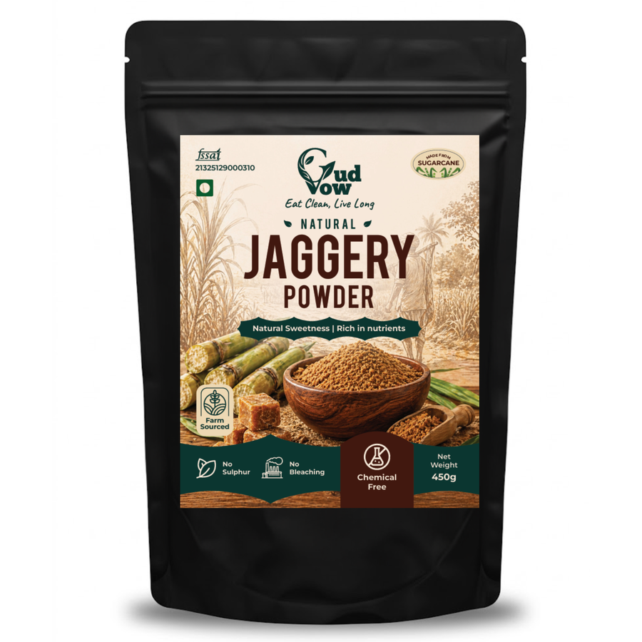Gudvow Organic Jaggery Powder front pouch on white background – 100% natural unrefined jaggery.