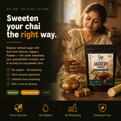 Woman adding Gud Vow Jaggery Powder to a cup with text about the product's benefits.
