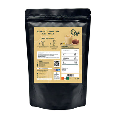 Gudvow Sprouted Ragi Malt back pouch with nutrition facts and preparation instructions.