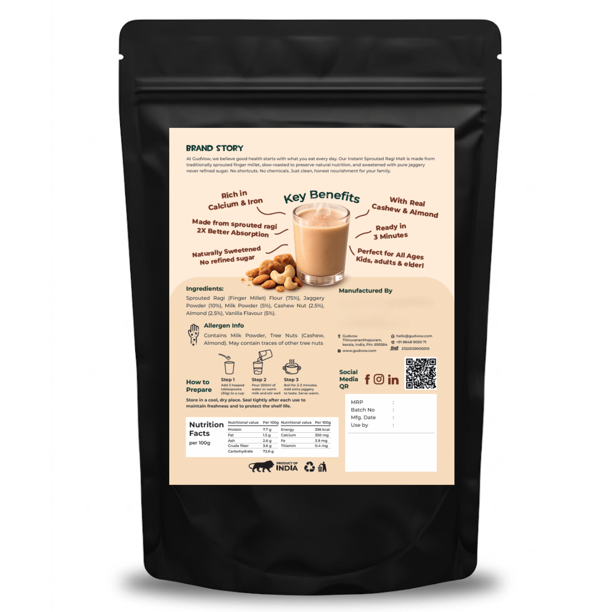 Gudvow Sprouted Ragi Malt back pouch with nutrition facts and preparation instructions.