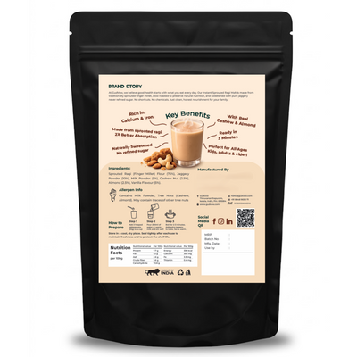Gudvow Sprouted Ragi Malt back pouch with nutrition facts and preparation instructions.