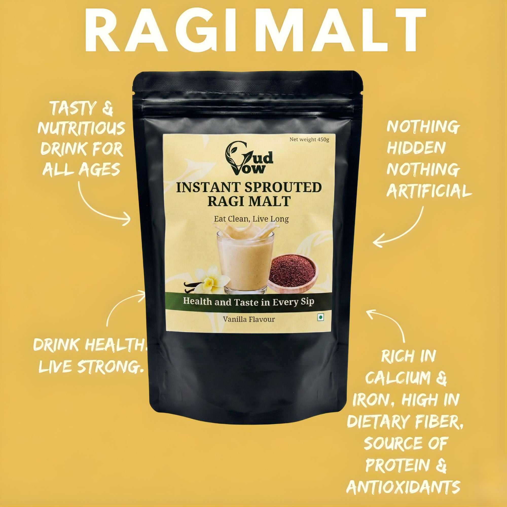 Gudvow Sprouted Ragi Malt natural ingredients and clean nutrition brand highlight.