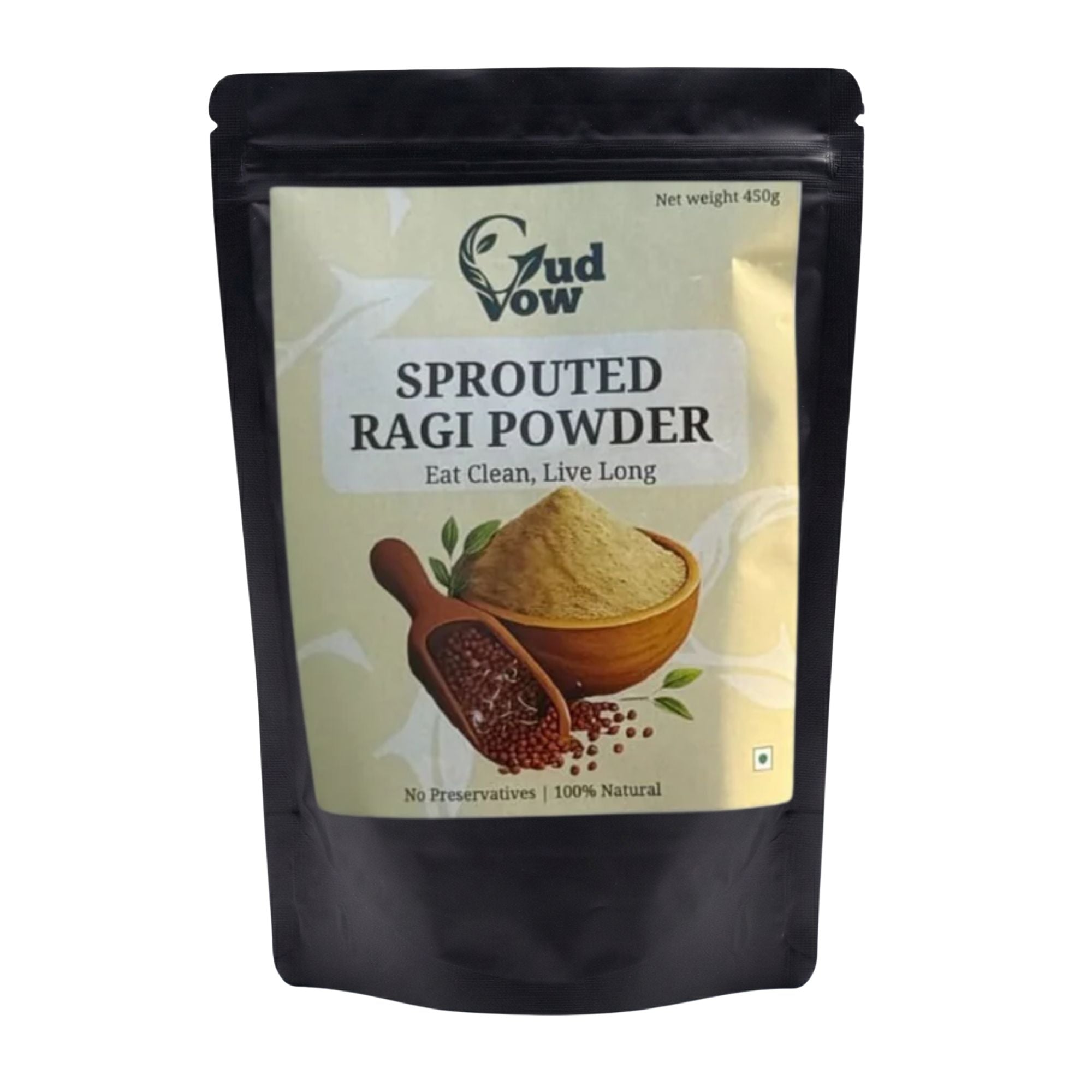 Gudvow Sprouted Ragi Powder pouch on white background – natural sprouted finger millet powder, no preservatives.