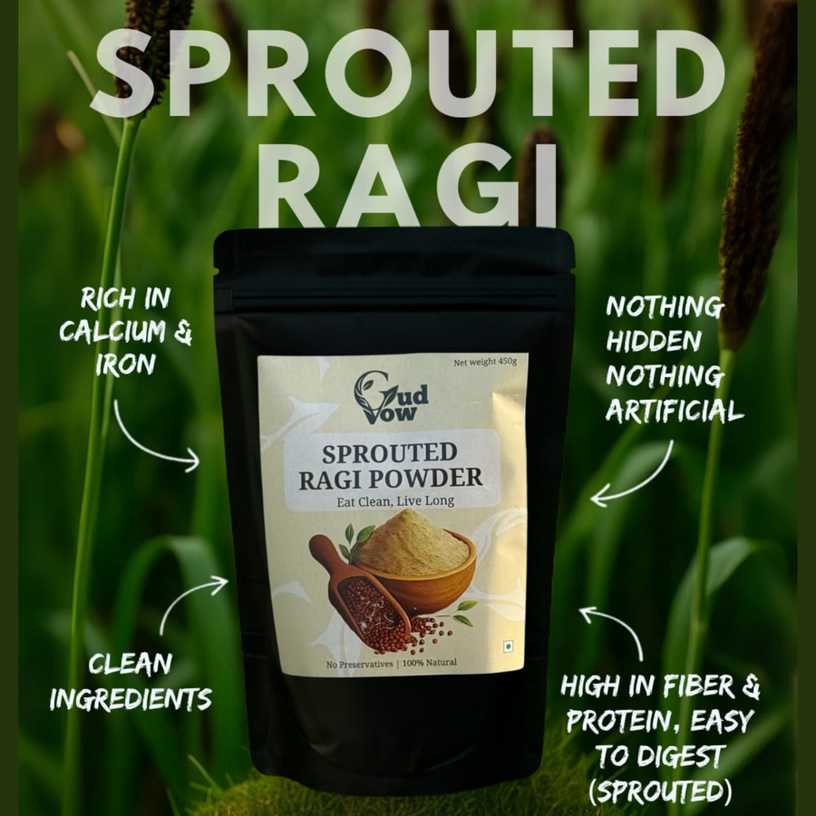 Gudvow Sprouted Ragi Powder – 500g pack, high-calcium, natural millet powder for babies and adults
