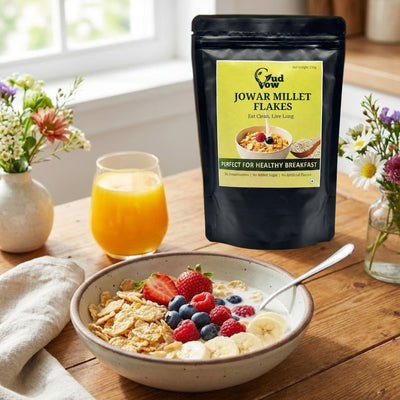 Healthy breakfast bowl with Gudvow Jowar Millet Flakes, fruits, and milk