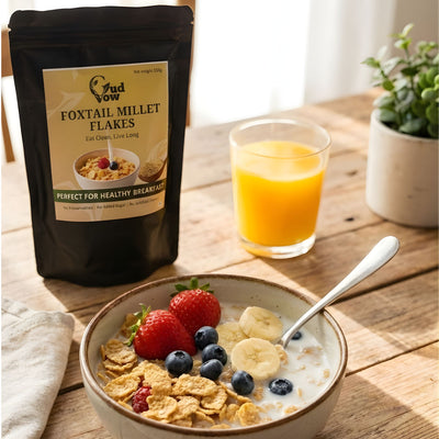 Healthy breakfast bowl with Gudvow Foxtail Millet Flakes, fruits and milk