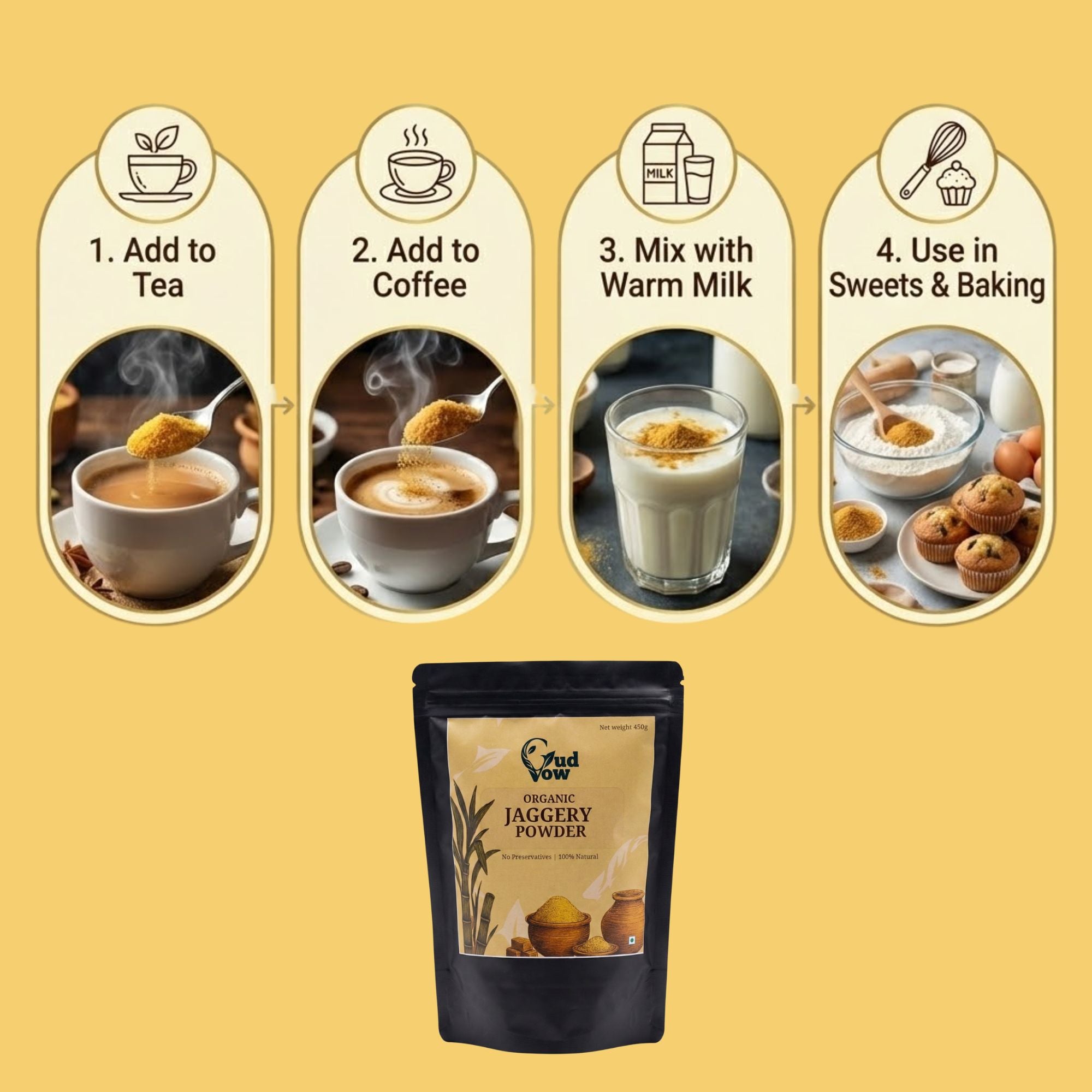 How to use jaggery powder – add to tea, coffee, warm milk or use in sweets and baking.