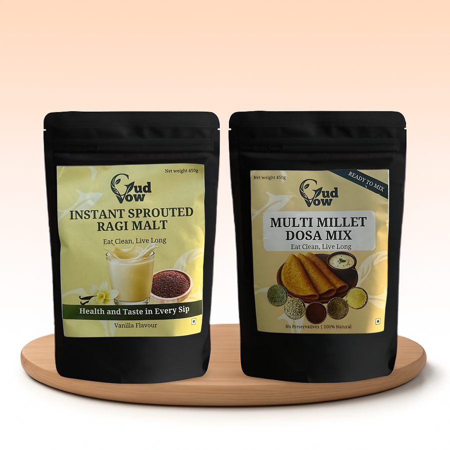 GudVow Energy Combo – Instant Ragi Malt and Multi Millet Dosa Mix for clean, balanced nutrition
