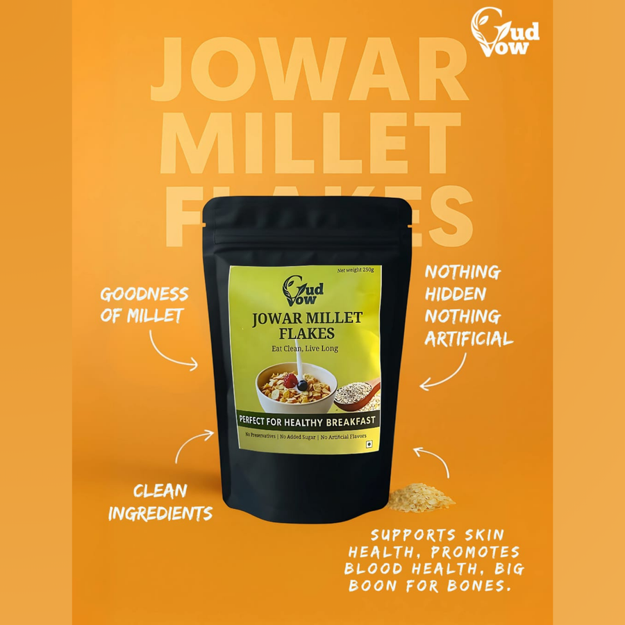 Jowar Millet Flakes by Gudvow – healthy, preservative-free, gluten-free breakfast made from jowar (white sorghum) grain