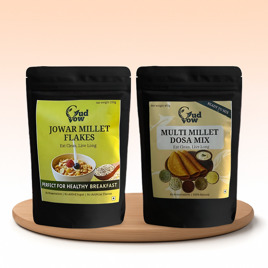 GudVow Jowar Millet Flakes and Multi Millet Dosa Mix Combo – fiber-rich millet breakfast and meal pack