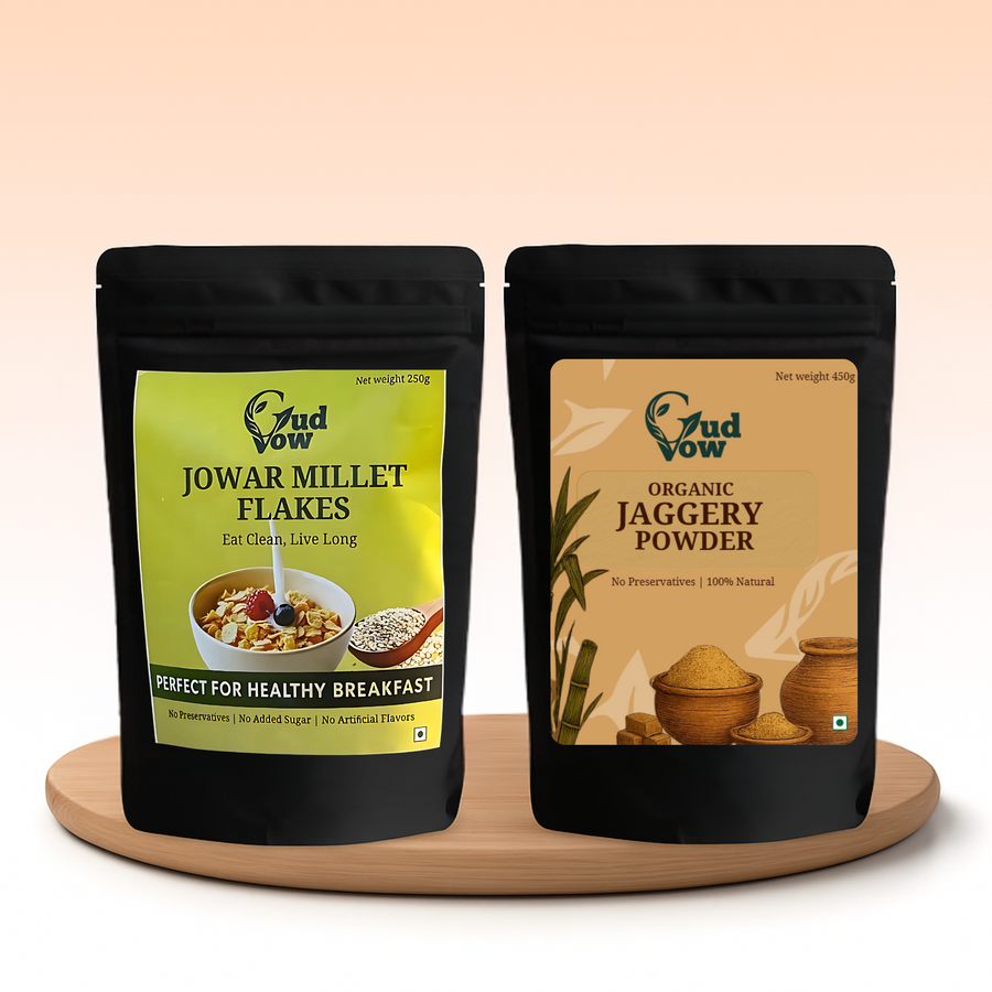 Jowar Millet Flakes and Organic Jaggery Powder for a natural, clean breakfast