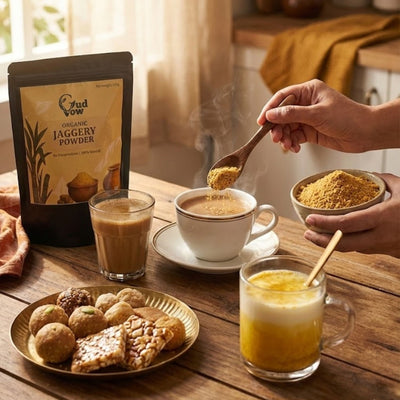 Lifestyle image of Gudvow Organic Jaggery Powder used in tea, coffee, milk and Indian sweets.