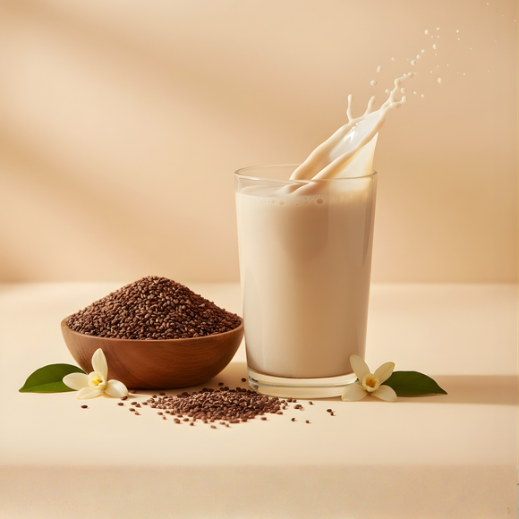 Glass of Gudvow ragi malt drink with ragi grains in a wooden bowl and milk splash