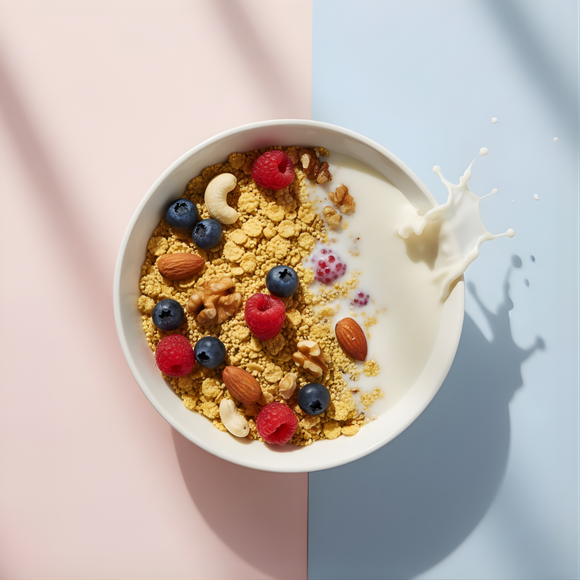 GudVow jowar millet flakes served with milk, nuts, blueberries, and raspberries in a healthy breakfast bowl