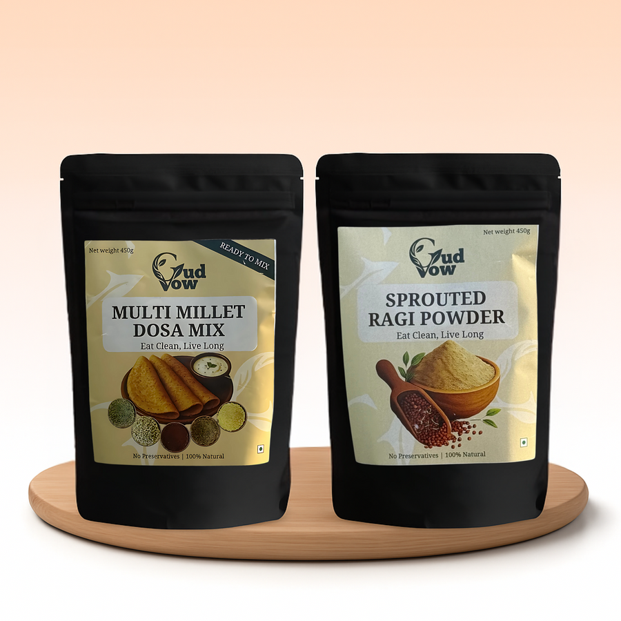 GudVow Cooking Combo Multi Millet Dosa Mix and Sprouted Ragi Powder for clean, everyday meals
