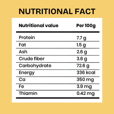 Nutritional facts of Gudvow Sprouted Ragi Powder per 100g – protein, fiber, carbohydrates, calcium and minerals.