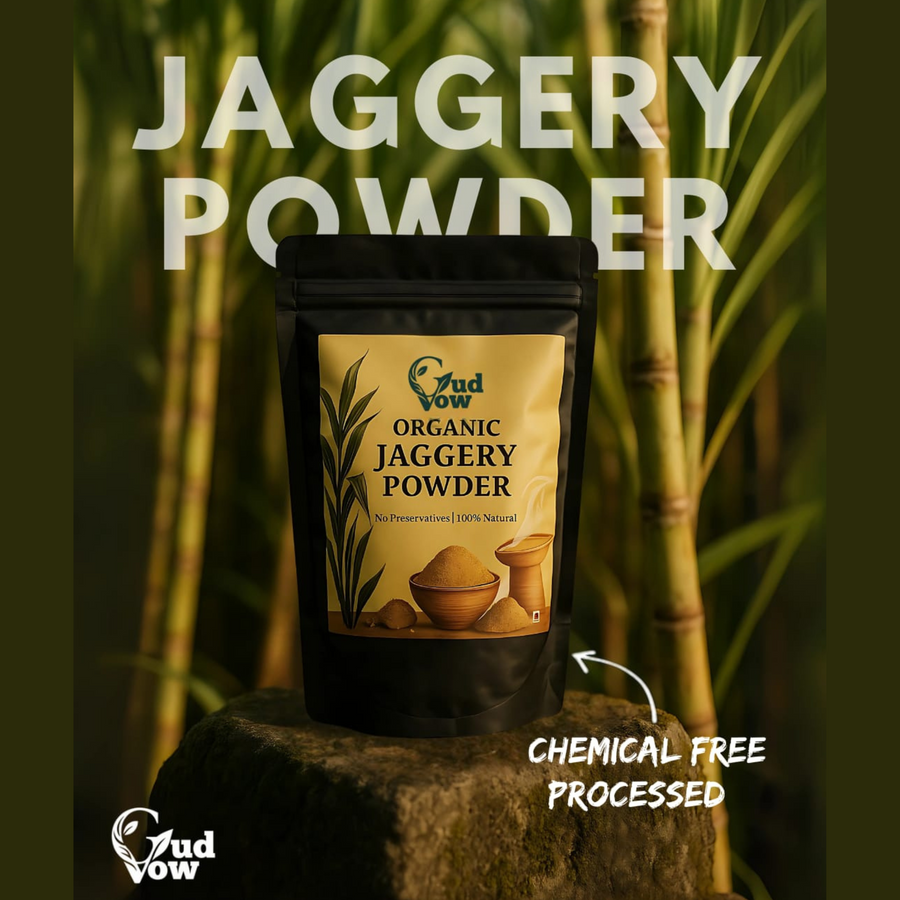 GudVow Organic Jaggery Powder – 500g pack of chemical-free natural sweetener made from sugarcane juice