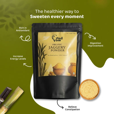 Organic jaggery powder benefits image highlighting antioxidants, energy boost and digestion improvement.