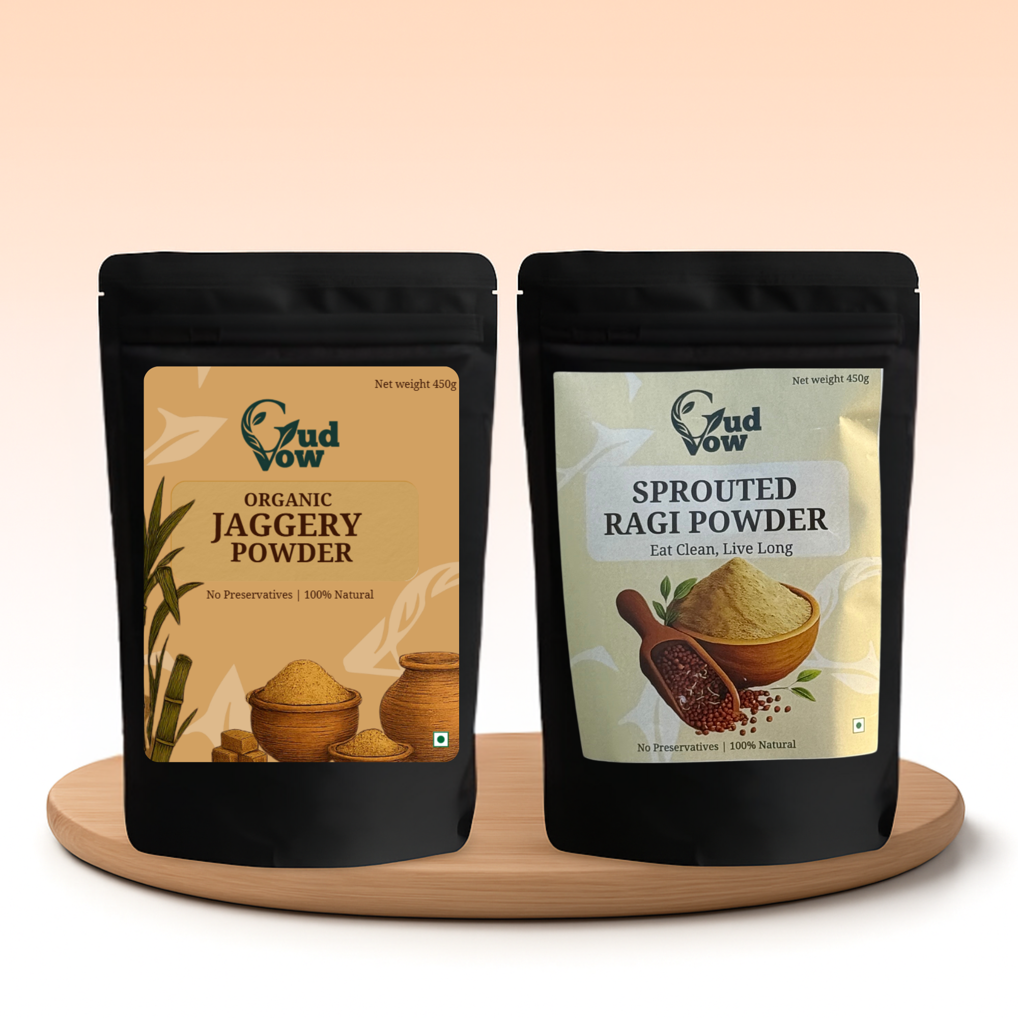 GudVow Healthy Combo – Sprouted Ragi Powder and Organic Jaggery Powder for natural calcium and sweetener needs