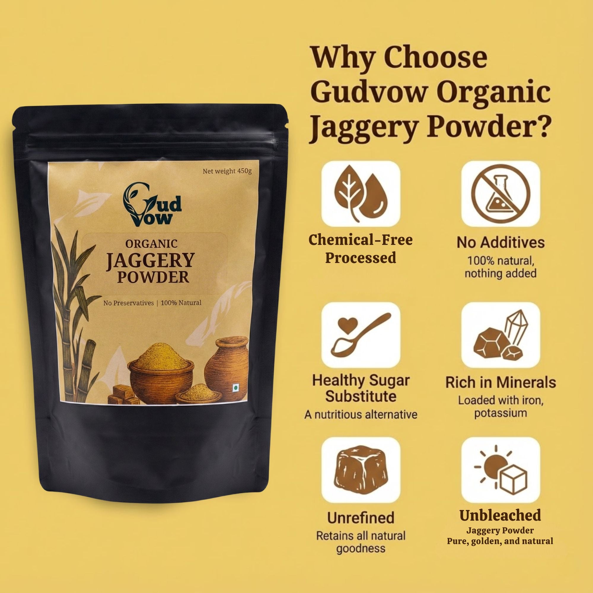 Why choose Gudvow Organic Jaggery Powder infographic showing chemical-free, no additives, unrefined and unbleached benefits.