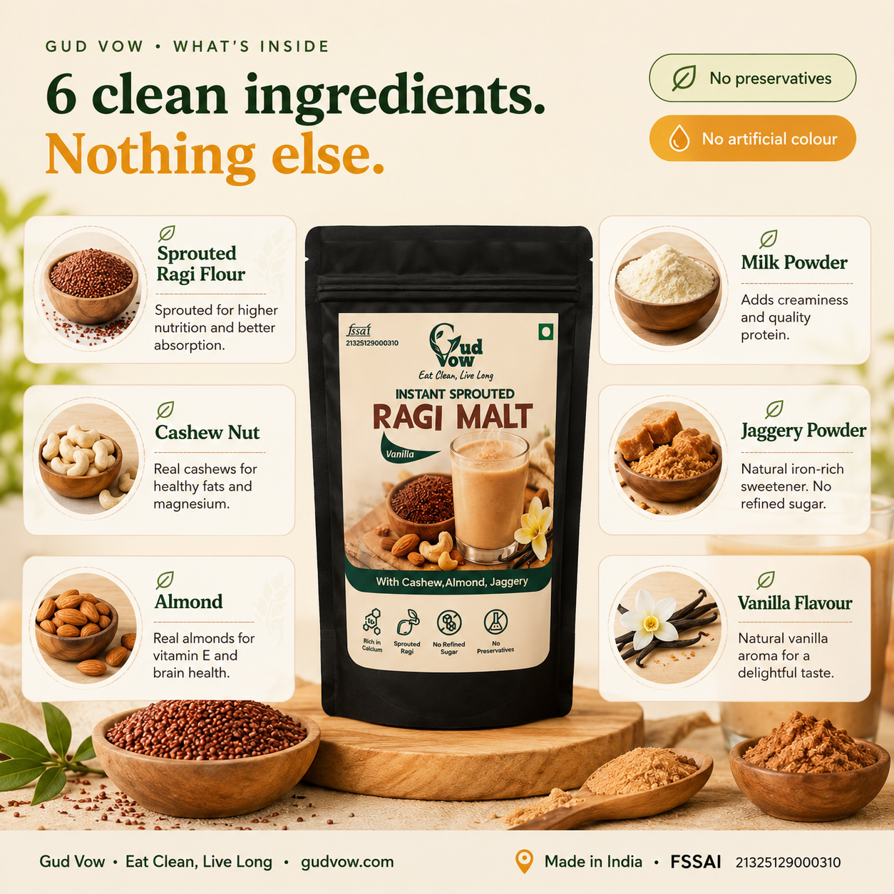 Sprouted ragi, cashew, badam, vanilla, jaggery, and milk powder ingredients of Gudvow Ragi Malt.