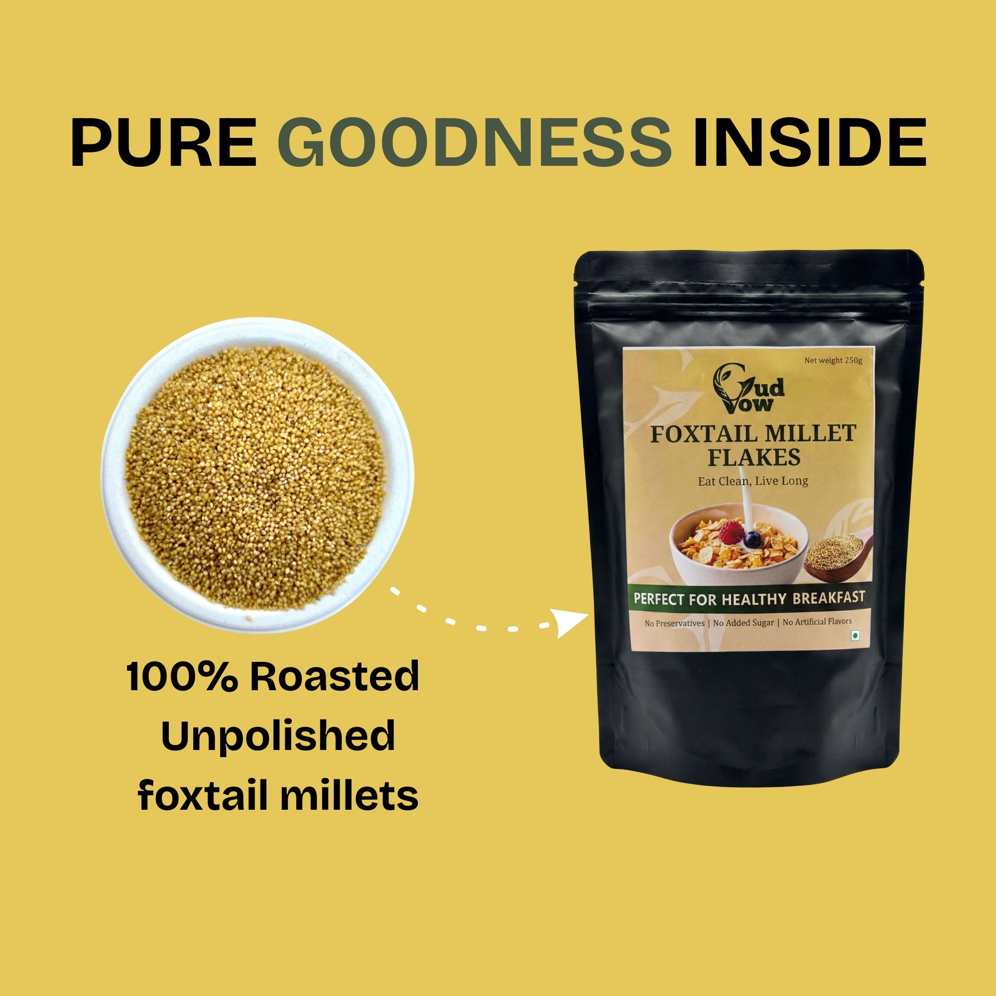 100% roasted unpolished foxtail millets used to make Gudvow Foxtail Millet Flakes.