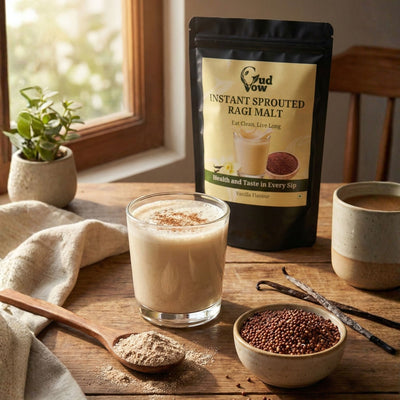 Creamy vanilla ragi malt drink with Gudvow sprouted ragi malt pouch and natural ingredients.